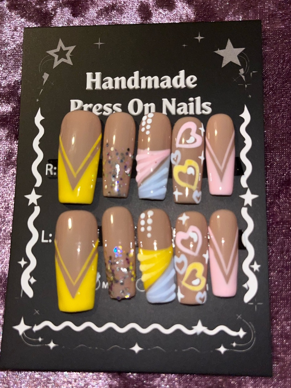 Handmade Press On Nails - Pink, Yellow & Brown Heart and Chevron Set